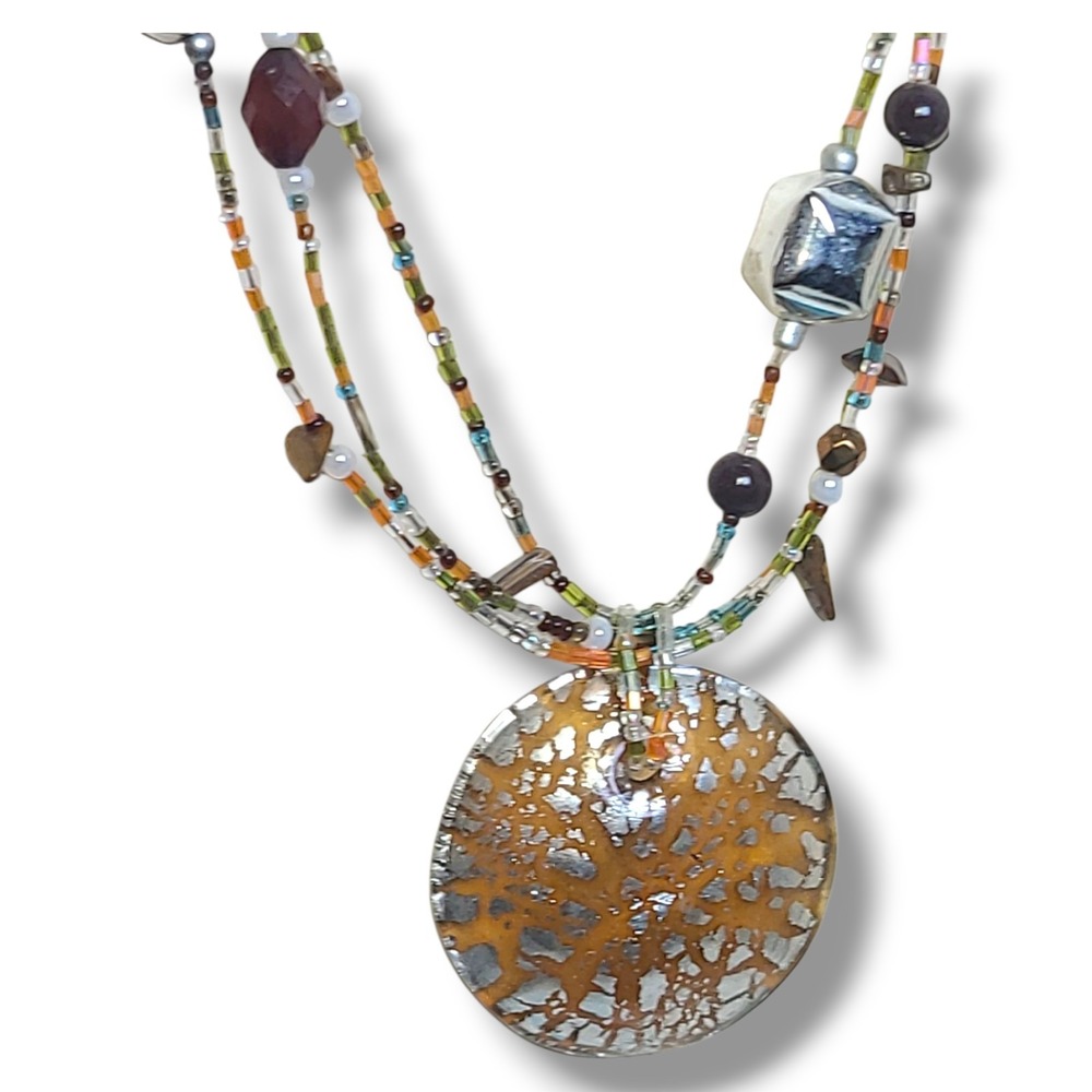 Vintage Multi-strand Beaded Necklace Large Round Art Glass Pendant Signed Cg - Picture 2 of 7